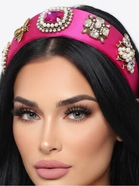 Embellished Hot Pink Satin Headband with Crystal Accents